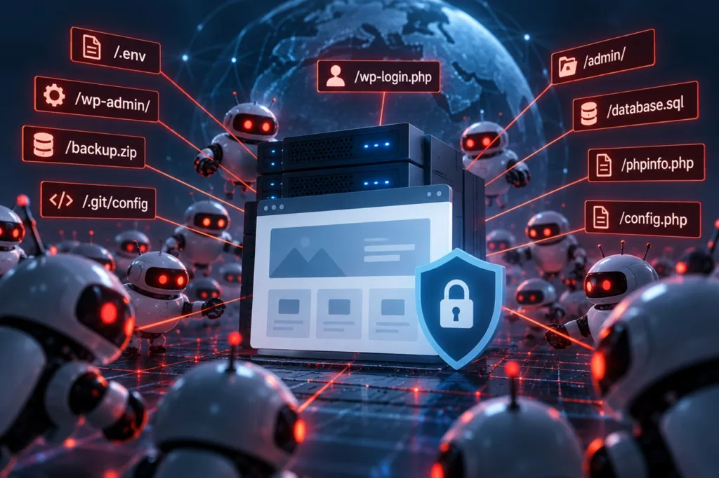 Bots escaneando una página web en busca de archivos y accesos sensibles